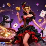 Engage with exciting games on ok8, featuring a glamorous woman and animated casino elements like gold coins and roulette.