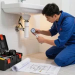 Encanador em São Paulo inspecting plumbing under a sink, showcasing professional plumbing services.