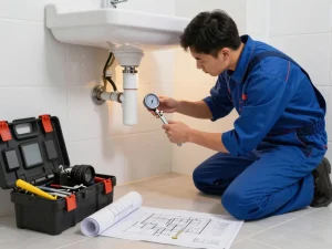 Encanador em São Paulo inspecting plumbing under a sink, showcasing professional plumbing services.