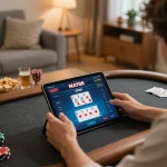 MAY88 players enjoying an online poker game in a cozy home setting.