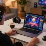 Engaging moment of a player using King33 for online casino betting at home.