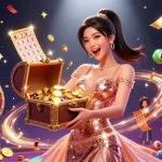 Experience thrilling gaming with mm88 com, featuring a joyful woman celebrating treasure and dynamic lottery elements.