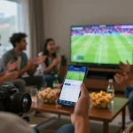 Socolive sports betting scene with a person using a smartphone while watching soccer.
