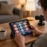 Engaged player at home on mk8 enjoying a tablet casino slot game with snacks.