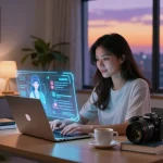 Engaging scene with a young woman exploring crush on AI chatbot in modern home office, showcasing futuristic tech elements.