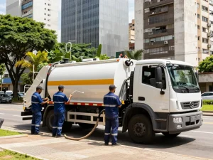 Professional team providing Limpa fossa em São Paulo in a clean urban environment, showcasing advanced equipment and reliable service.