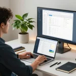 Download WPS Office in a modern workspace, featuring a user engaged with productivity tools and a clean desktop.