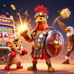 tx88 casino adventure with a gladiator rooster, lively slot machine, and treasure chest