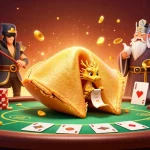 Engage in the excitement of 57 E with a giant golden fortune cookie and dynamic poker elements.