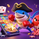 Zbet showcases exciting slot games with a playful pirate shark and friends amidst vibrant casino elements.