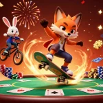 Experience the excitement of VIP777 É Confiável with animated fox and rabbit in a dynamic casino scene.