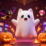 Engage in thrilling U888 betting action with a ghost cat and vampire bat in a vibrant casino.