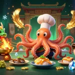 Experience the vibrant world of 98win with a dynamic casino-themed illustration showcasing an octopus chef and dragon.