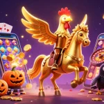 Experience zbet with a dynamic scene of golden rooster and spectral horse in a vibrant casino setting.