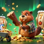 Experience excitement at lode88 with a cartoon beaver and coins flying in a vibrant casino scene.