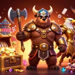 dabet Viking berserker and Valkyrie eagle celebrating wins with casino elements and gold coins.