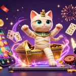 89bd players spin vibrant slots while celebrating with a cartoon mummy cat and glowing scarab.