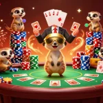 sv88 meerkats operating a lively casino with poker tables and colorful chips
