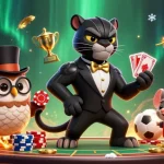 Experience the excitement of kèo hòa hoàn tiền with a stylish panther elegantly dealing cards alongside a wise owl in a vibrant sports betting scene.