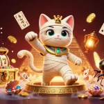 Experience vibrant gameplay action with sh-bet's 3D illustration of a cat mummy and treasures in a pyramid casino.