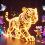Engage with Nhà cái 88m in a vibrant digital casino, featuring a neon golden tiger and cryptocurrencies.