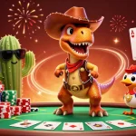 Join the shbet adventure with a cowboy dinosaur at an extravagant poker table!