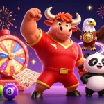 Engage in thrilling games at ph bet with dynamic lottery balls, a cheerful panda, and celebratory elements.
