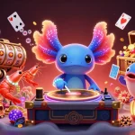 Engage with 33win's vibrant casino scene featuring a DJ axolotl and energetic marine characters.