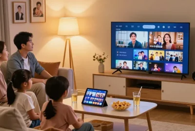Família assistindo IPTV na sala de estar com conforto e alegria.