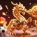 Engage with soikeo's thrilling sports betting world, featuring a dynamic golden dragon breathing gears as you place your bets.