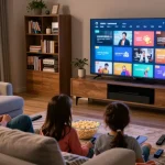 Família assistindo TV no conforto de casa com bestbraziliptv.