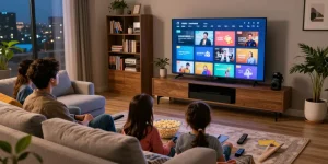 Família assistindo TV no conforto de casa com bestbraziliptv.