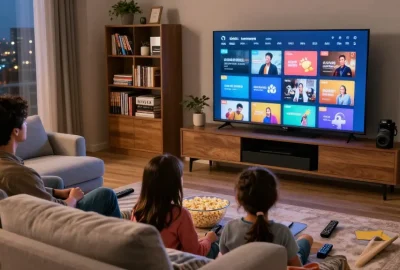 Família assistindo TV no conforto de casa com bestbraziliptv.